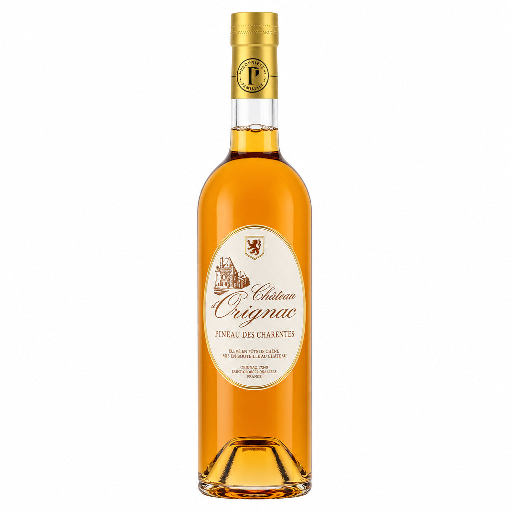 Chateau Chateau d'Orignac Pineau des Charentes in a glass, showcasing the golden color and elegant presentation of this fortified wine.