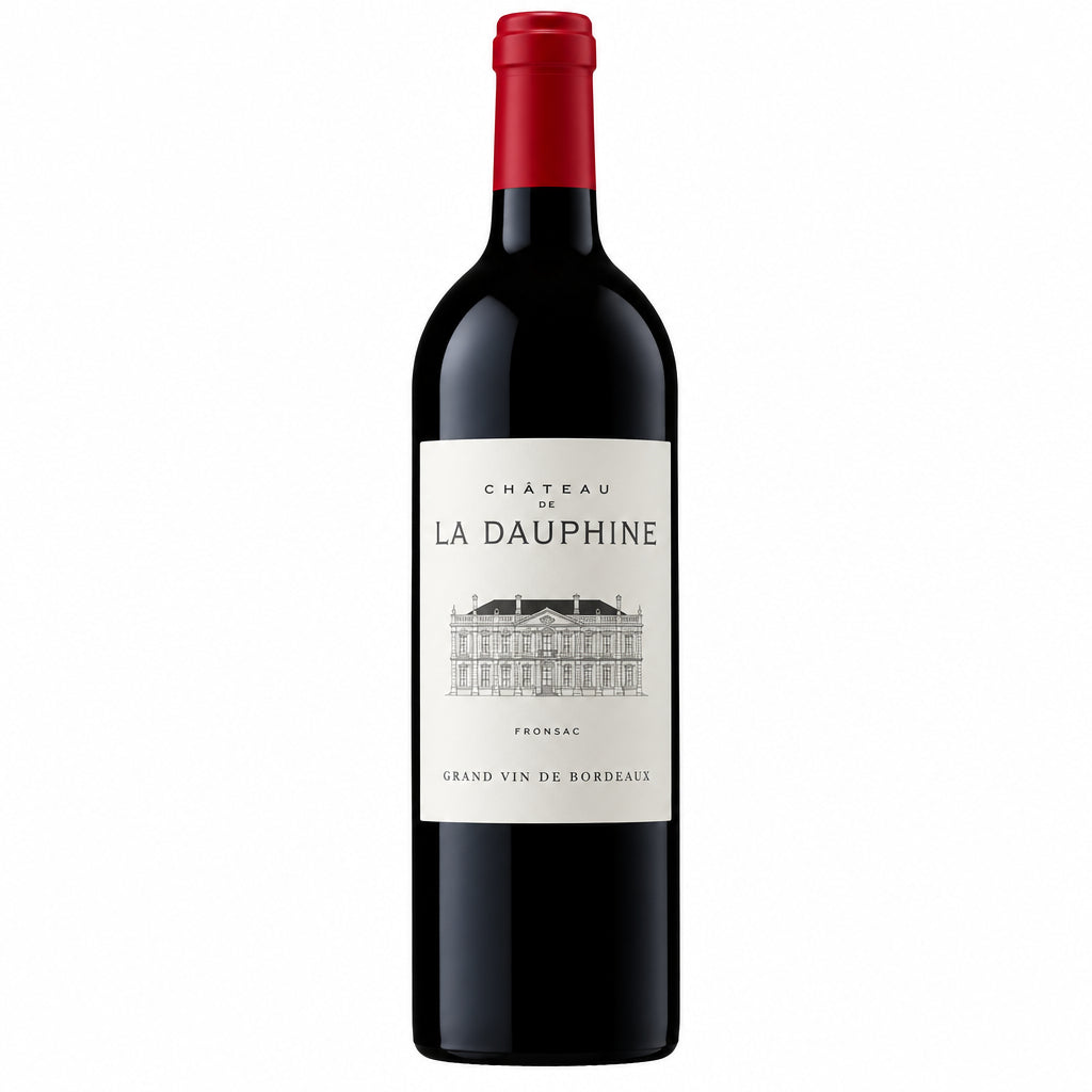 Bottle of Chateau De La Dauphine Bordeaux Fronsac wine with a dark label and elegant shape on a neutral background.