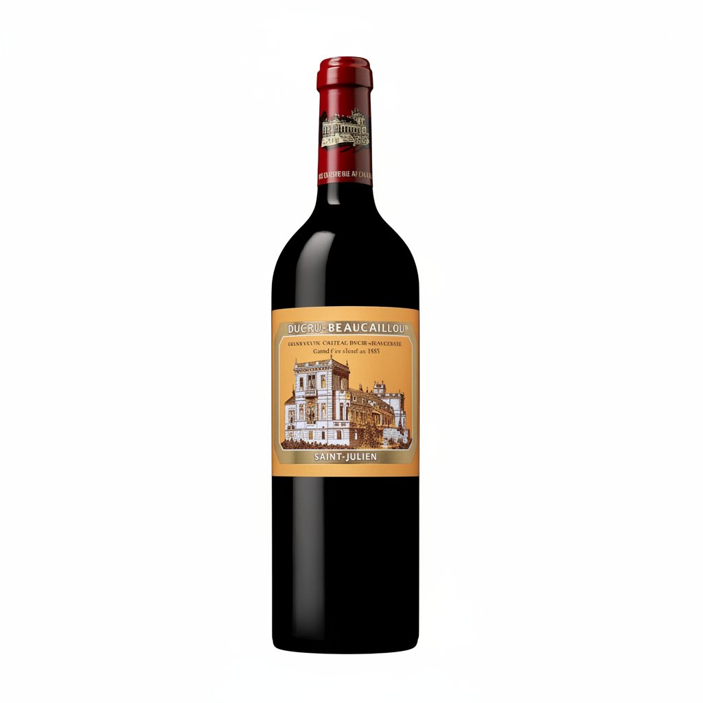 Bottle of Chateau Ducru Beaucaillou red wine with a classic label, displayed on a wooden surface.