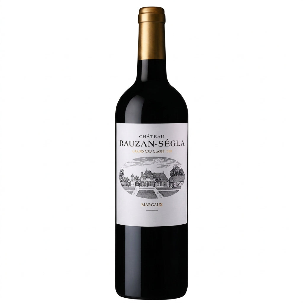 Chateau Rauzan Segla 2021 wine bottle with label visible, elegant glass bottle showcasing deep red wine inside.