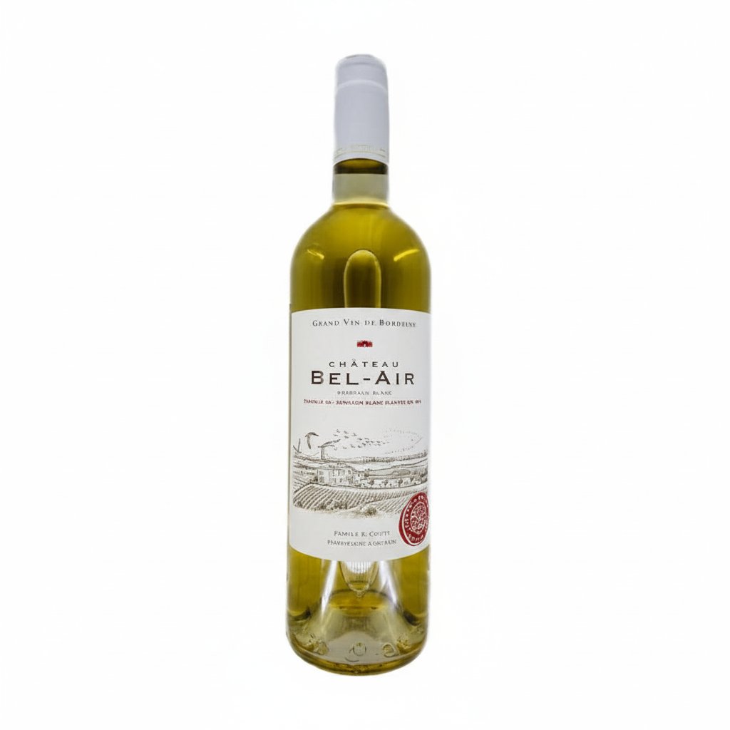 Chateau Bel-Air Blanc wine bottle with label and cork, showcasing the Chateau brand and elegant white wine design