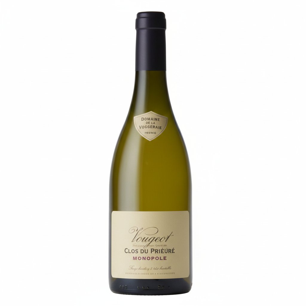 Bottle of Vougeot Clos Du Prieure Blanc wine with label visible, featuring elegant white and gold design, placed on a wooden surface.