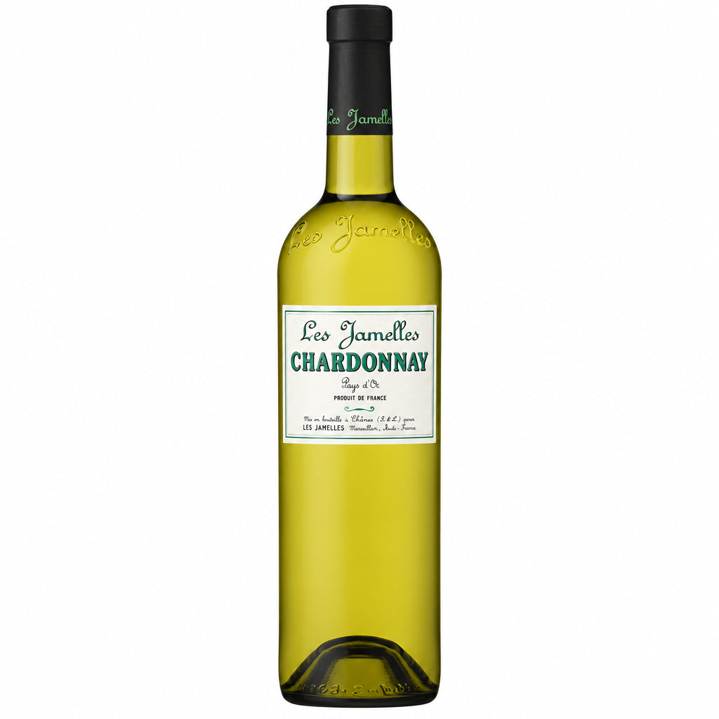 Les Jamelles Chardonnay Pays D'Oc wine bottle with label, showcasing a white wine from the Les brand in a clear glass bottle.