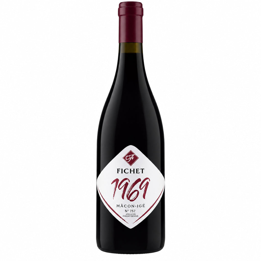 Domaine Olivier Fichet Macon IGE Cuvee Gamay 1969 bottle with label and vintage details on a neutral background.