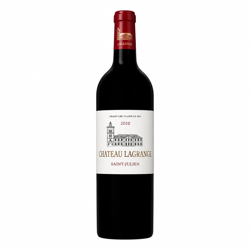 Bottle of Chateau La Grange red wine with label visible, placed on a wooden table with a glass of wine nearby.