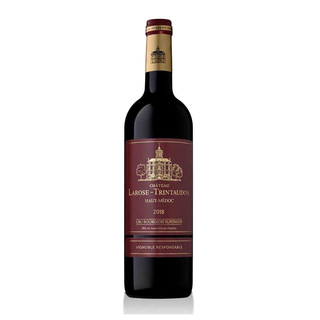 Chateau Larose-Trintaudon red wine bottle with label, dark glass bottle on a wooden surface, close-up shot.