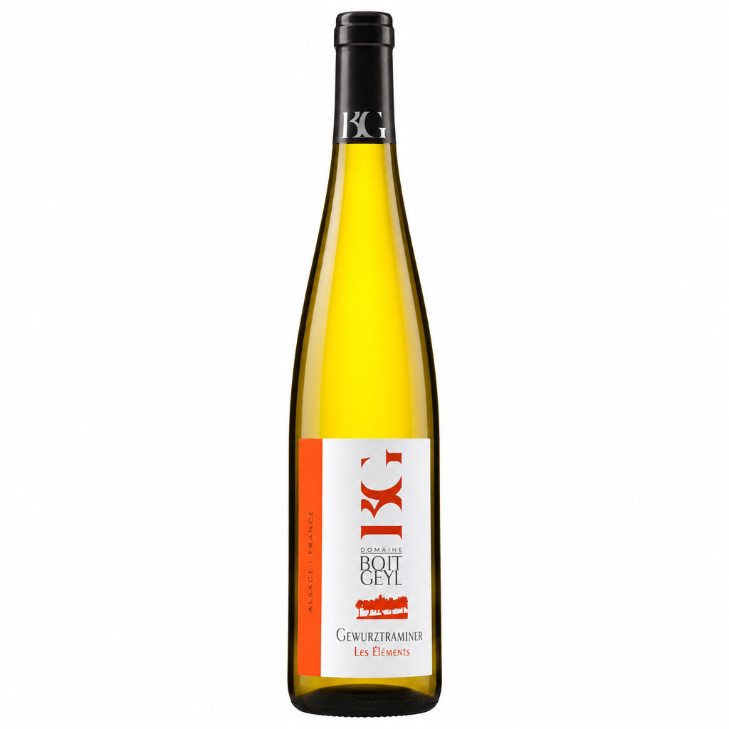 Domaine Bott-Geyl Gerwur 'Les Elements' wine bottle with label, showcasing the Domaine brand and elegant design.