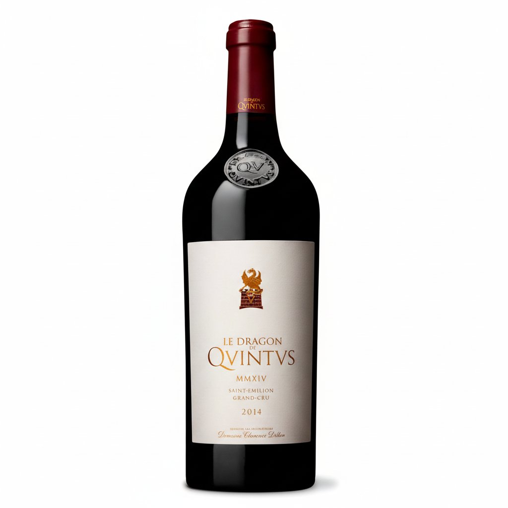 Bottle of Domaine Clarence Dillon Dragon De Qvintvs 2014 red wine in a dark glass bottle with a detailed label.