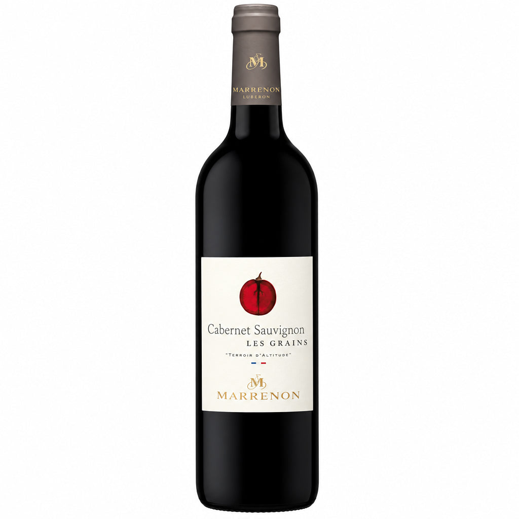 Bottle of Marrenon Les Grains Cabernet Sauvignon wine with a dark label and a corked top, set against a neutral background.