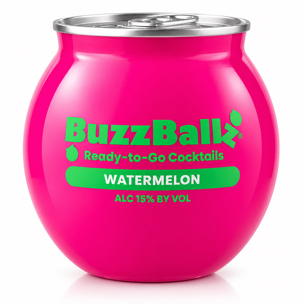 A bright pink BuzzBall Ready-to-Go Cocktails Watermelon can-shaped tumbler with a silver metal rim, shown against a solid black background.