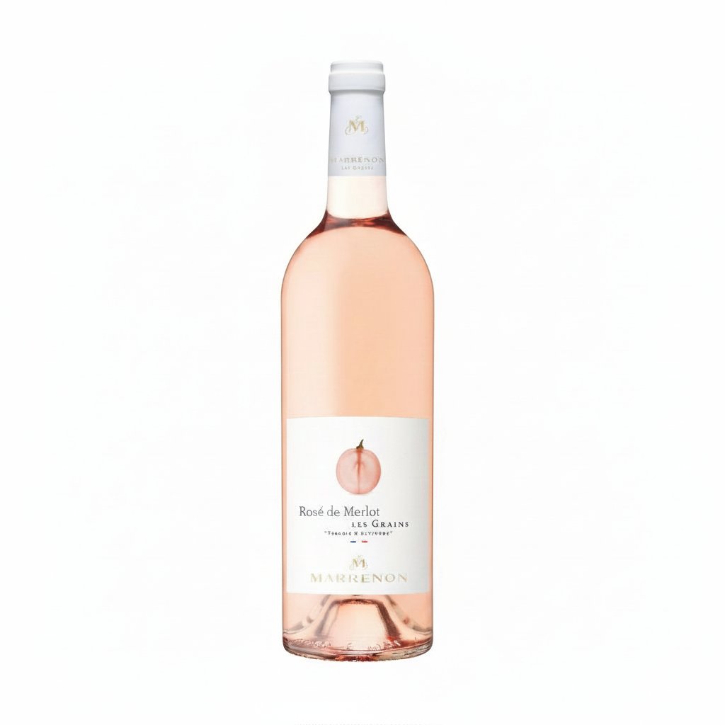 Marrenon Les Grains Rose de Merlot wine bottle with a pinkish label and elegant packaging on a white background.