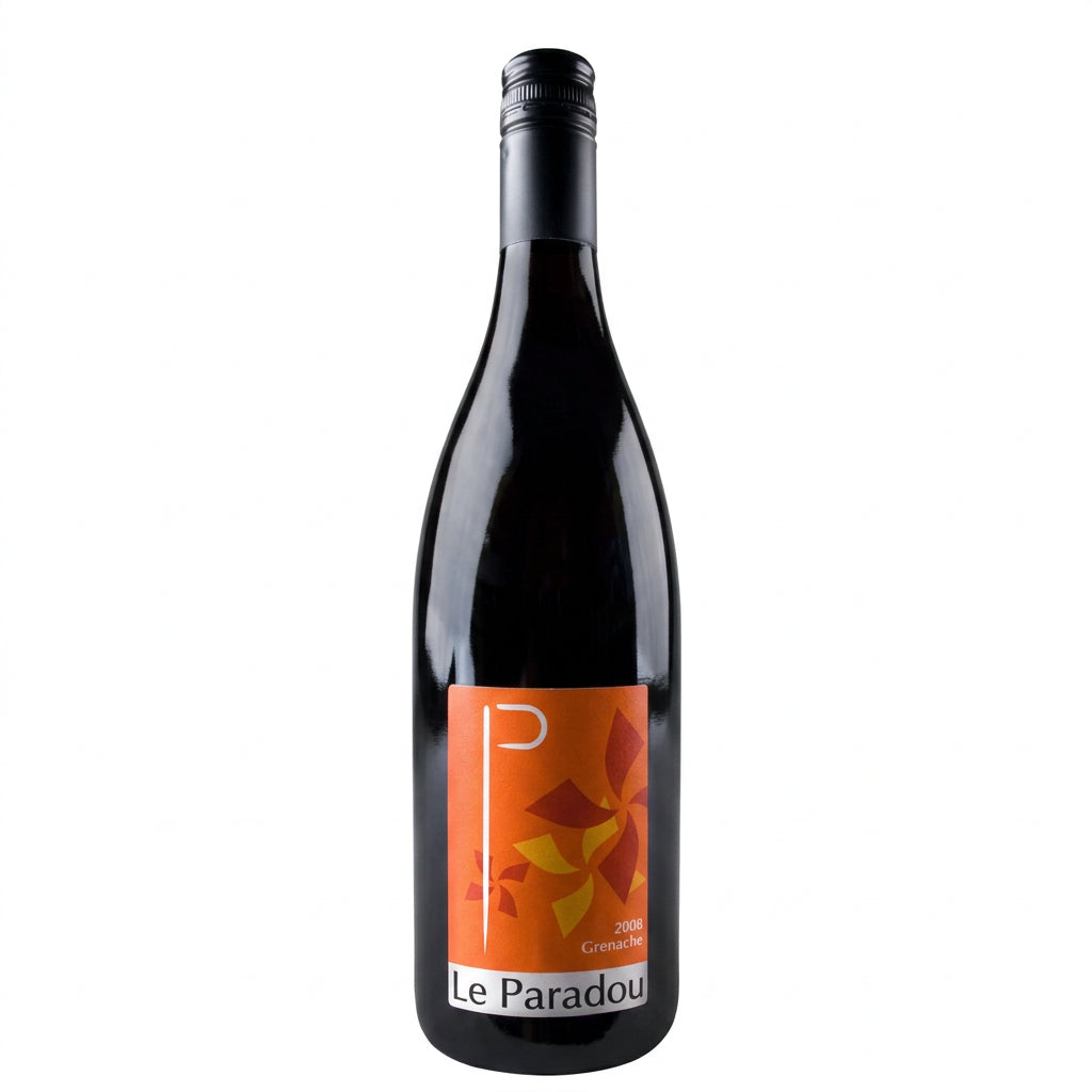 Bottle of Le Paradou Luberon Red wine from Le, featuring a dark glass bottle with a colorful label, on a rustic background.