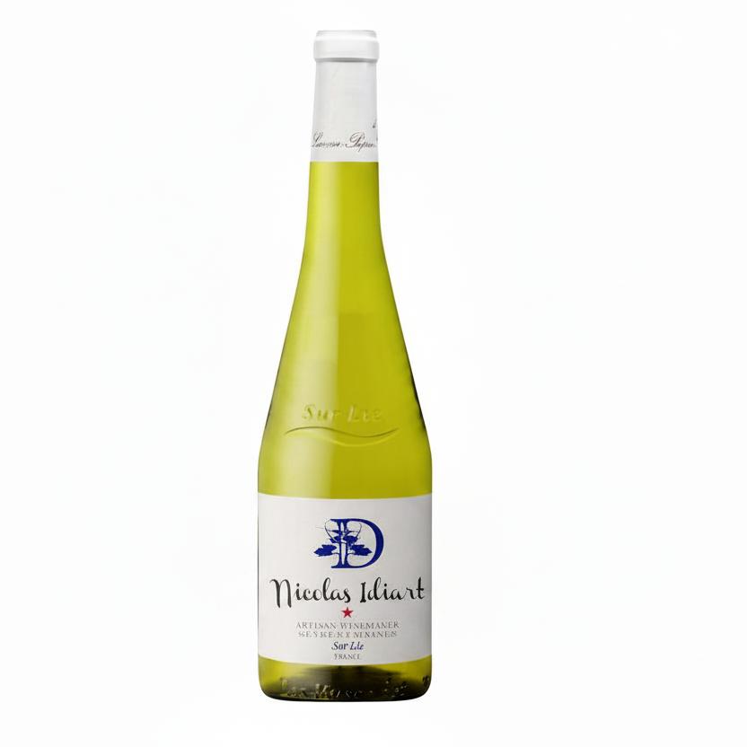 Bottle of Idiart Muscadet Sur Lie white wine with a clear glass and label, set against a neutral background.
