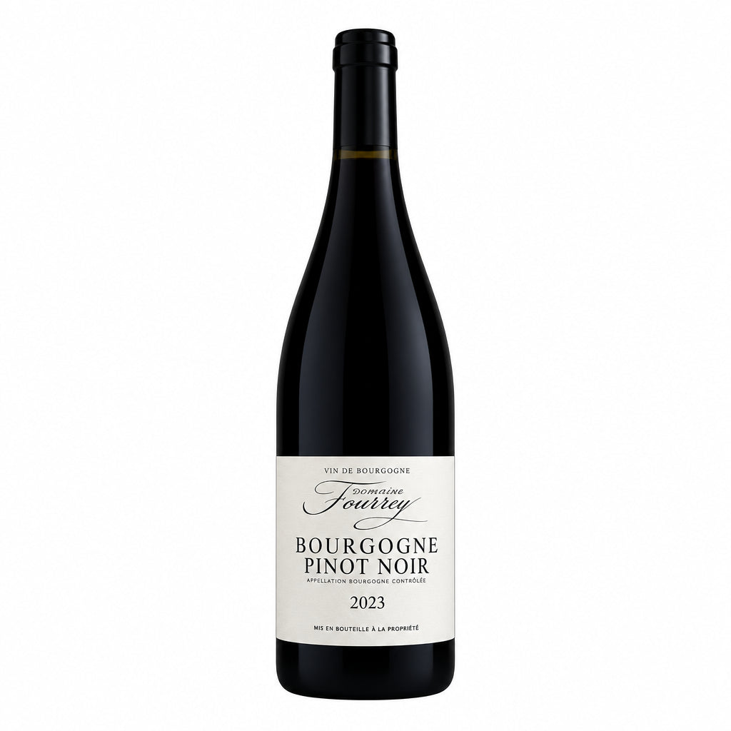 Bottle of Domaine Fourrey Bourgogne Rouge red wine with a label, placed on a wooden surface.
