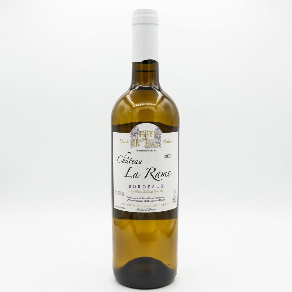 Chateau La Rame Bordeaux Blanc wine bottle with label visible, showcasing the elegant design and white wine from Bordeaux region.