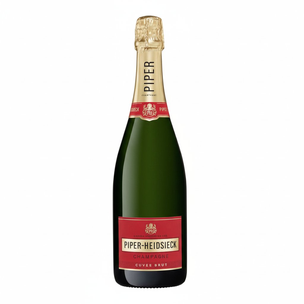 Piper-Heidsieck Cuvee Brut Champagne bottle in 375mL size with a golden label and foil wrapping on a white background