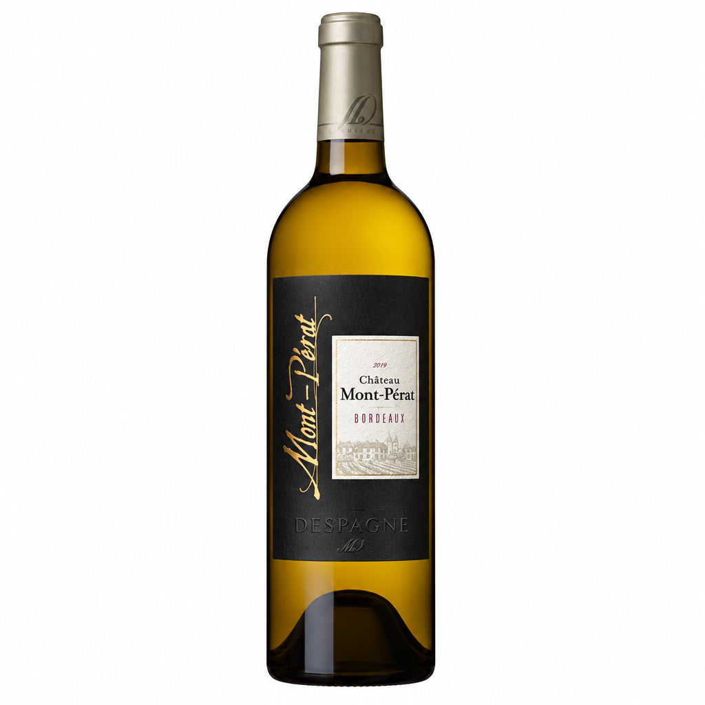 Chateau Mont-Perat Blanc wine bottle with label, showcasing a white wine from Chateau in a clear glass bottle.