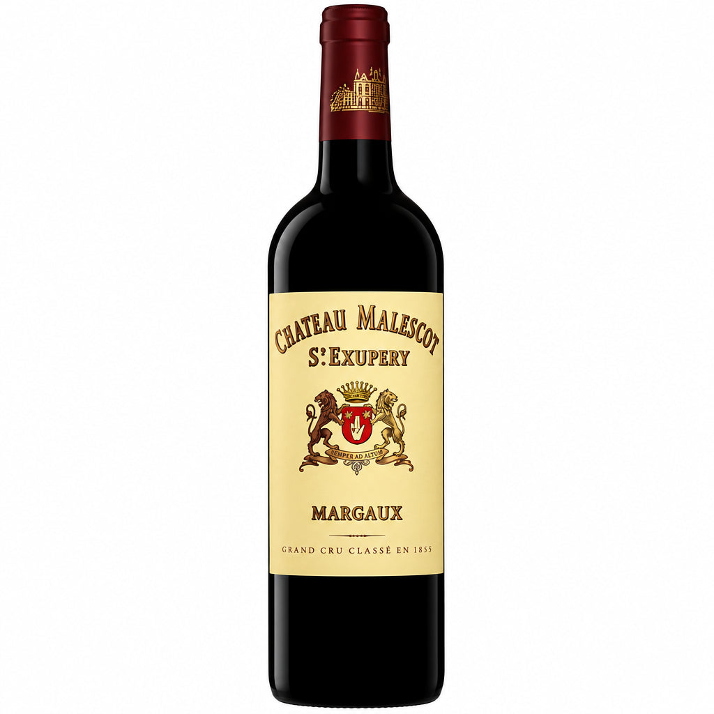 Chateau Malescot St. Exupery wine bottle with label and cork, elegant red wine presentation from Bordeaux estate