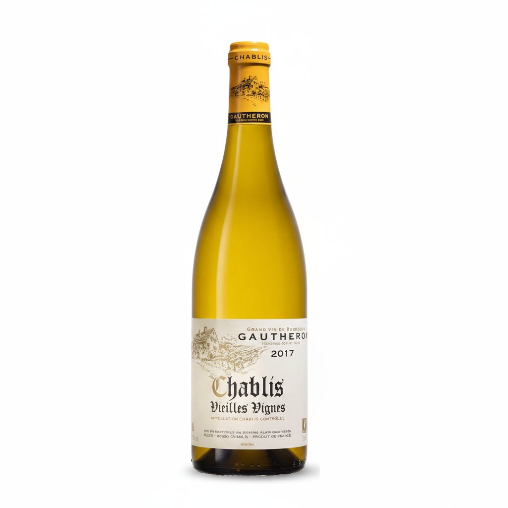 Bottle of Dom Gautheron Chablis Vielles Vignes white wine with a clear label and elegant packaging.