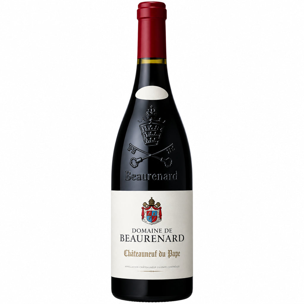 Domaine Beaurenard Chateauneuf-Du-Pape wine bottle with label and cork on a wooden surface.
