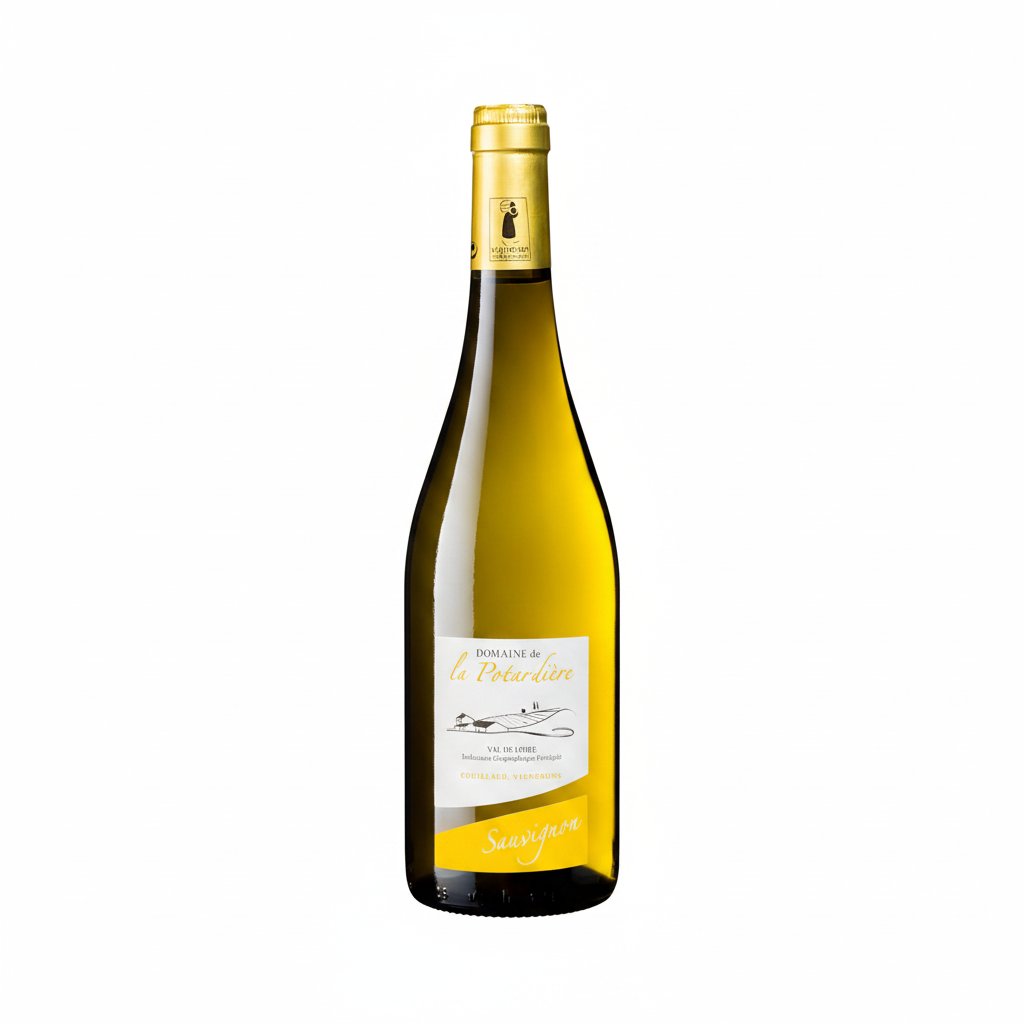 Bottle of Domaine De La Potardiere Sauvignon Blanc wine with a white label and green foil capsule.