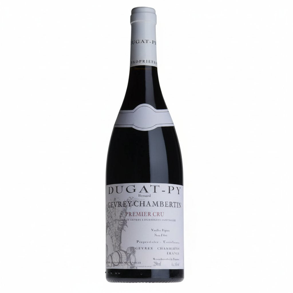 Bottle of Domaine Dugat-Py Gevrey-Chambertin Vieilles Vignes red wine in front of a wine cellar.