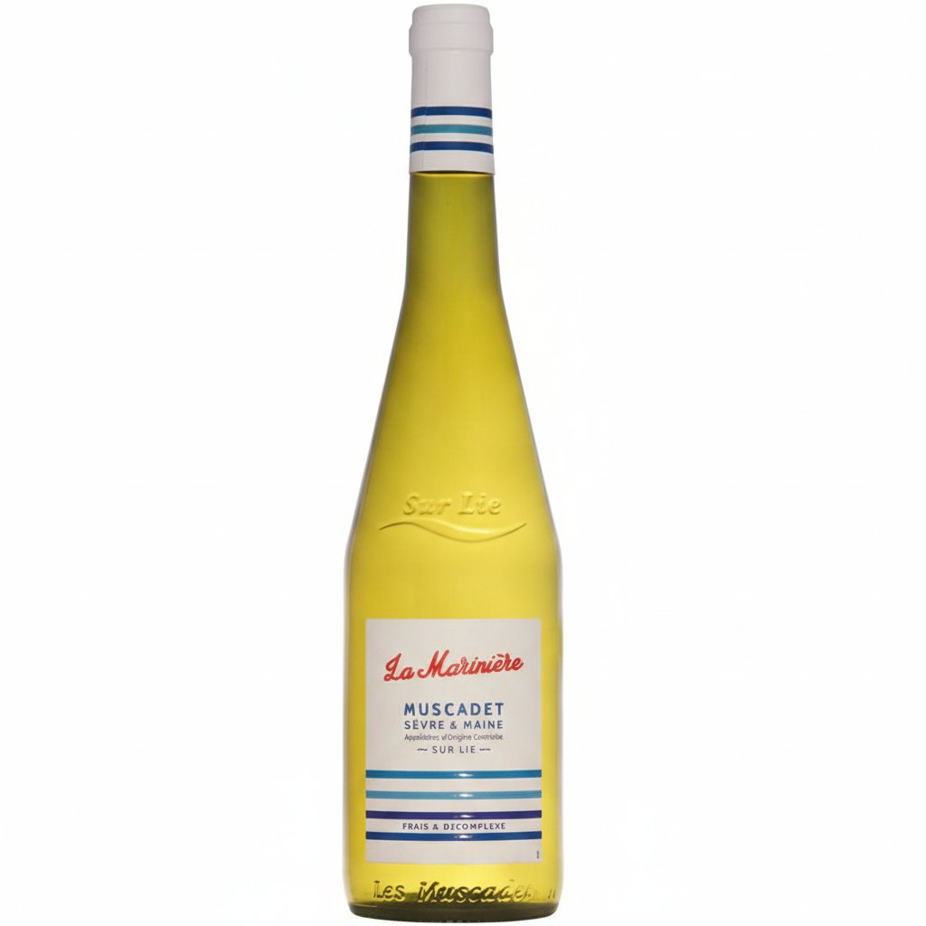 A bottle of La Mariniere Muscadet wine with a white label and a glass of wine next to it on a wooden surface.