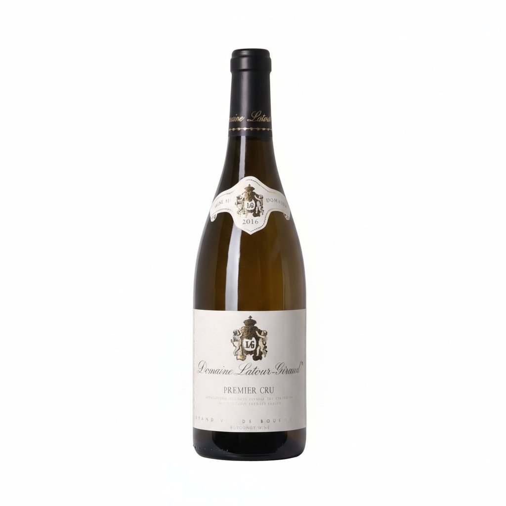 Bottle of Domaine Latour-Giraud Meursault-Charmes Premier Cru white wine with a detailed label on a wooden surface.