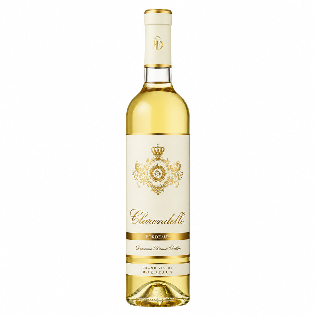 Domaine Clarence Dillon Clarendelle Amberwine in a glass with a golden amber hue, showcasing its rich and inviting color.
