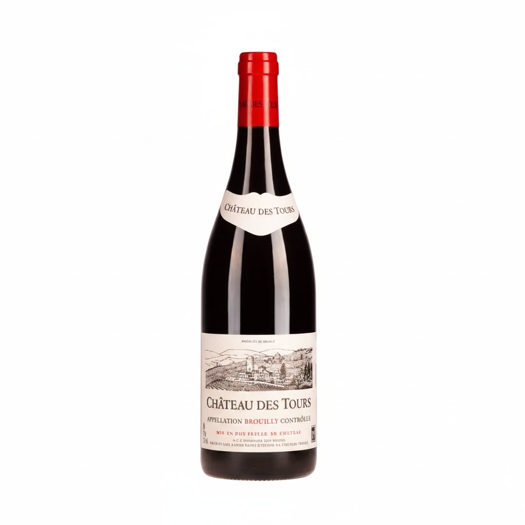 Chateau Famille Richard Brouilly wine bottle from Chateau, with a label featuring a vineyard scene and elegant gold accents.