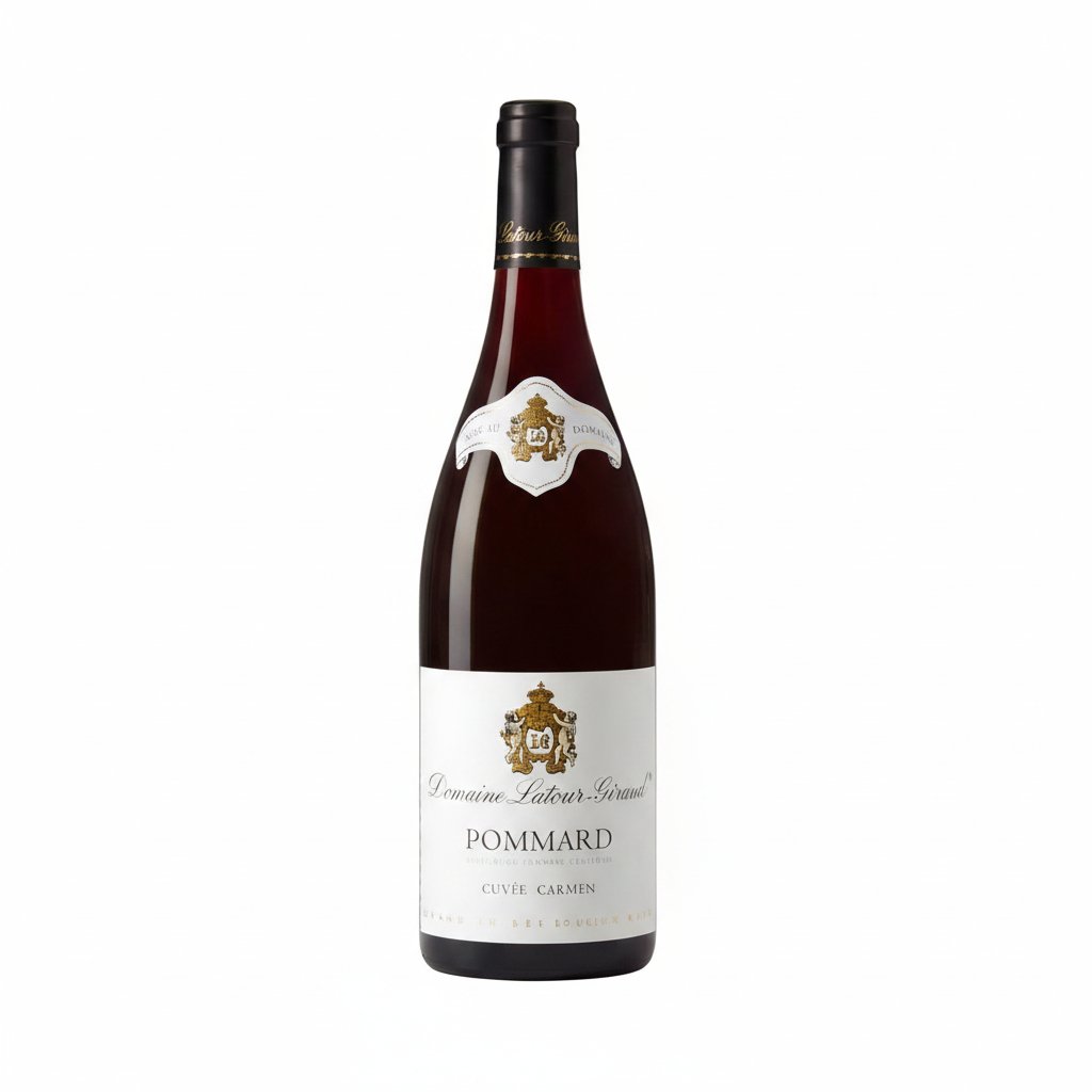 Bottle of Latour-Giraud Pommard Cuvee Carmen red wine with label visible on a wooden surface.