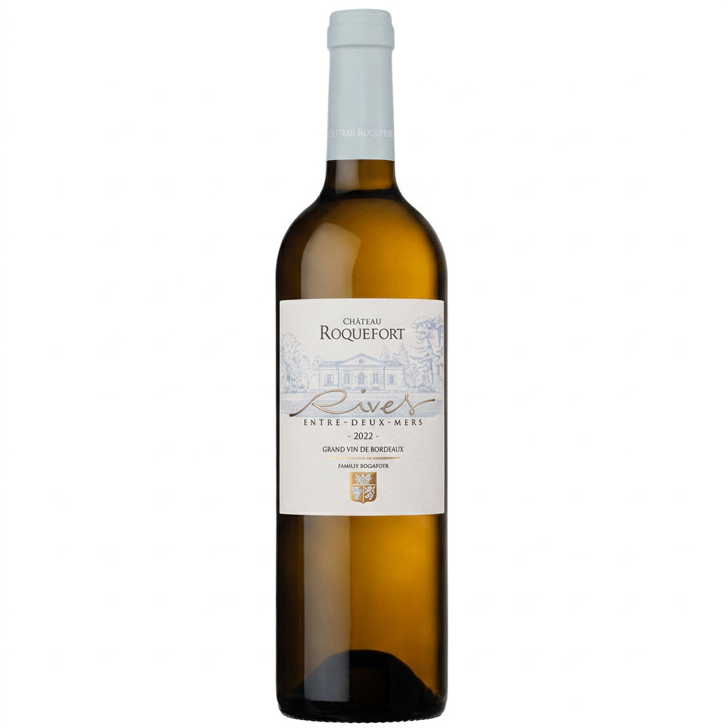 Chateau Roquefort Rives Blanc Bordeaux wine bottle with label and cork in a close-up shot.
