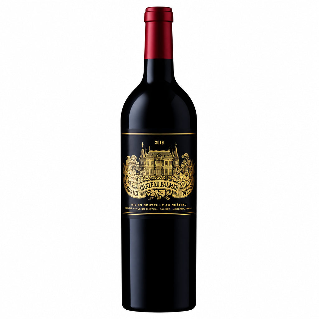 Bottle of Chateau Palmer red wine from Chateau with a dark glass bottle and label, ready for wine tasting.
