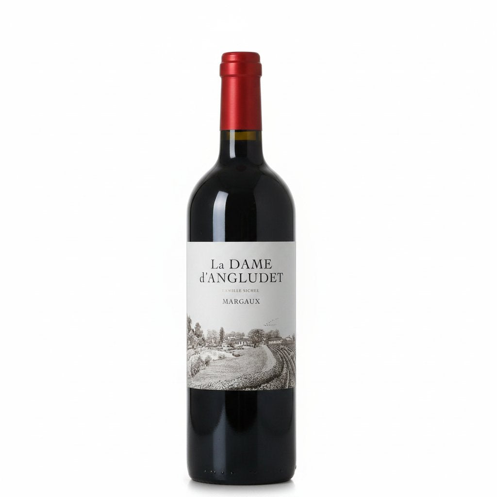 Famille Sichel La Dame d'Angludet Margaux 2019 wine bottle with label and deep red color, on a neutral background.