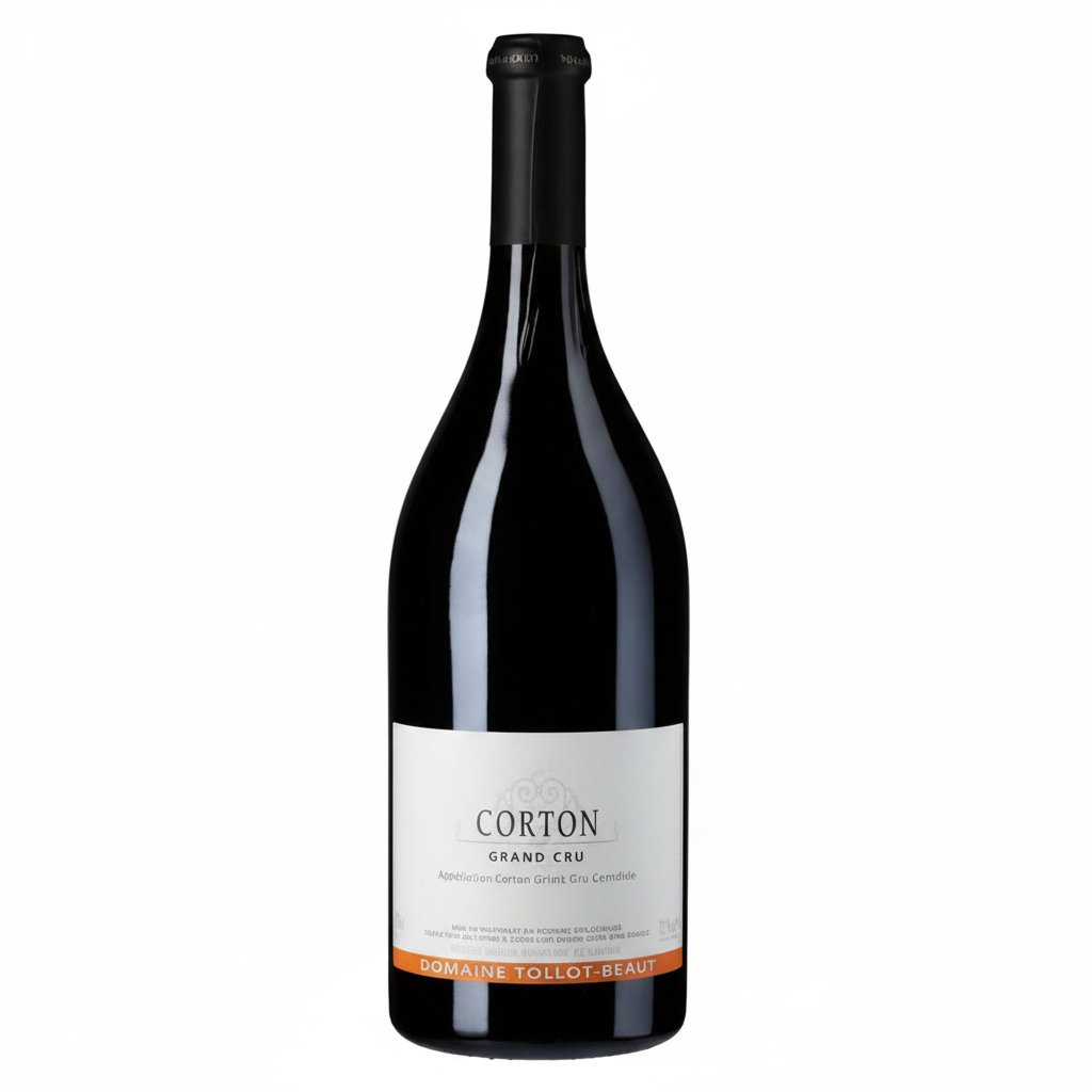 Bottle of Tollot Beaut Le Corton red wine with a label featuring vintage details and a dark glass bottle.