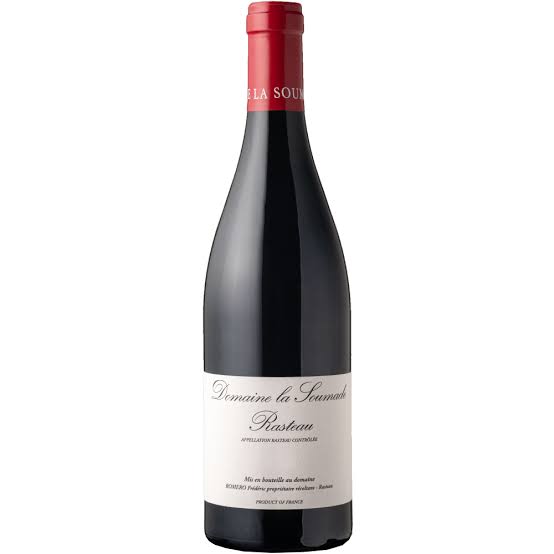 Bottle of Domaine La Soumade Rasteau red wine with a label featuring the Domaine logo and classic wine design.