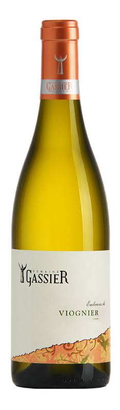 Domaine Gassier Viognier white wine bottle with label showing elegant design and vineyard background.