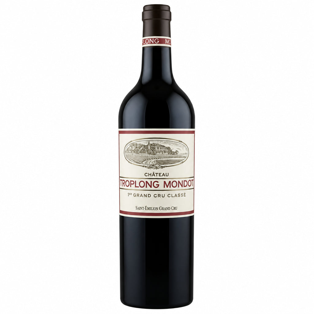 Bottle of Chateau Troplong Mondot 2020 red wine with a dark glass bottle and elegant label, set against a neutral background.