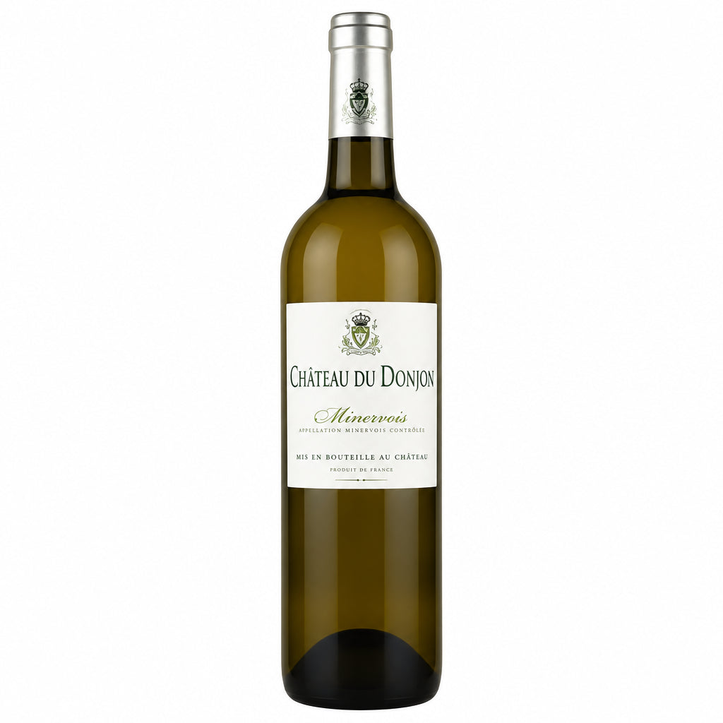 Chateau Chateau Du Donjon AOC Minervoism Blanc wine bottle with label and cork, set against a neutral background.