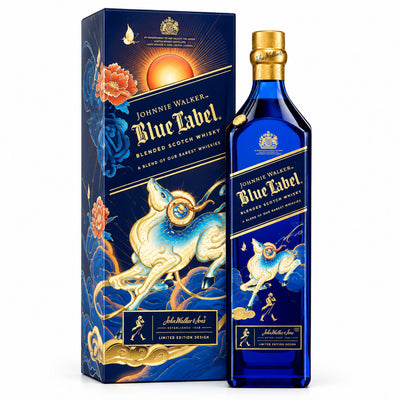 Johnnie Walker Blue Label Lunar New Year Year of the Goat 2027 750mL whiskey bottle with festive design and gold accents.