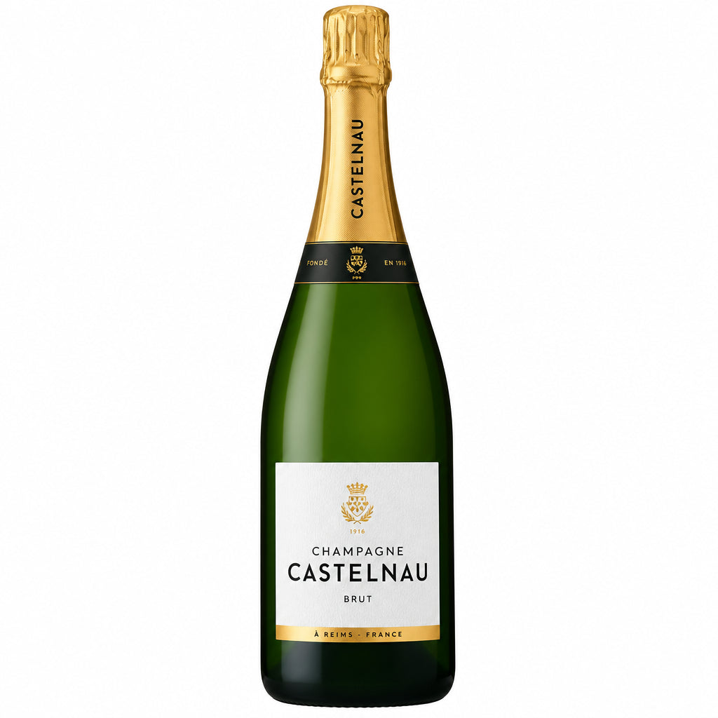 Champagne Castelnau Brut bottle with gold foil and elegant label, displayed on a white background.