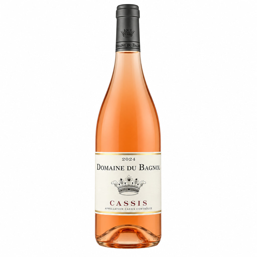 Bottle of Domaine Du Bagnol Organic Rosé wine with a label featuring floral artwork and a pink hue.
