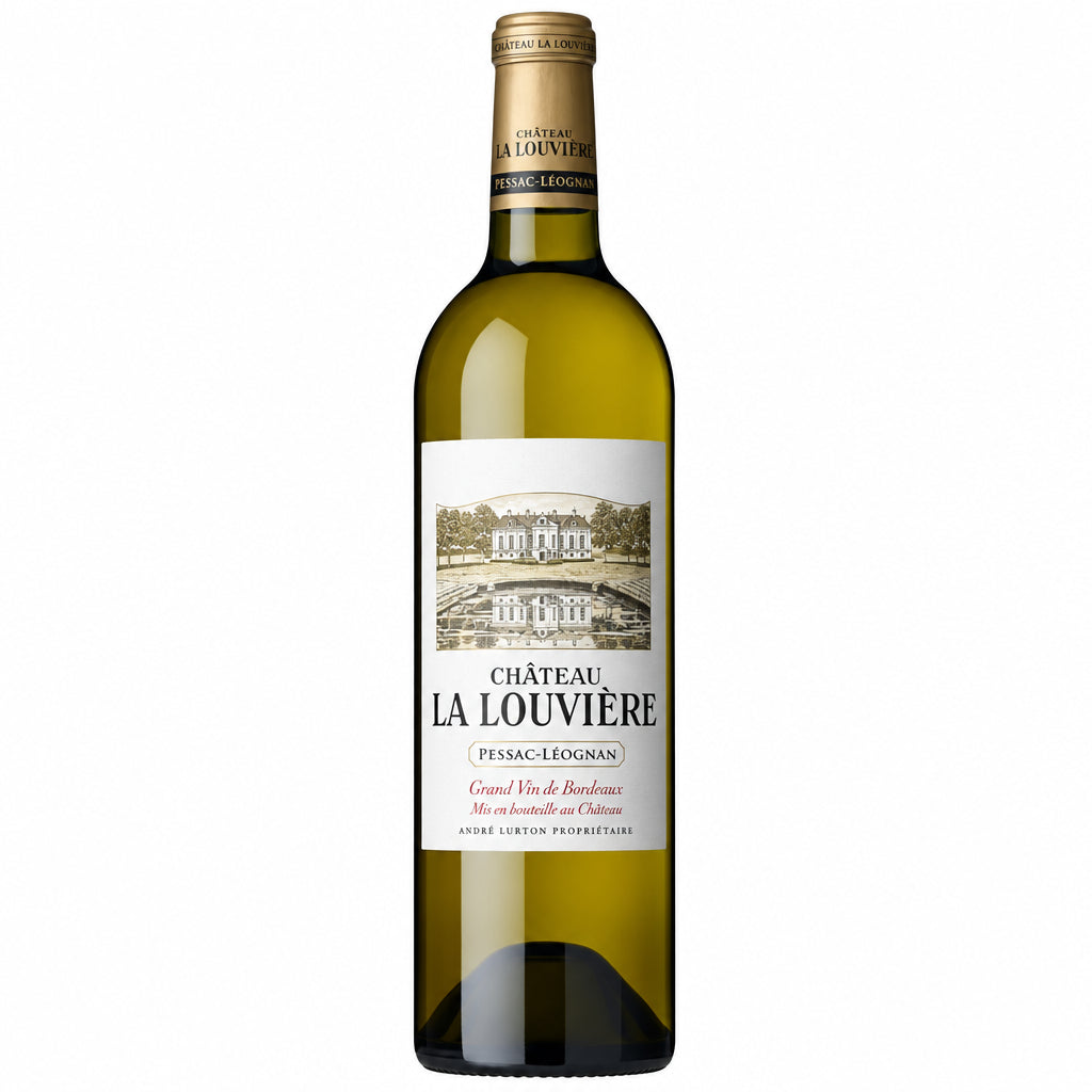 Chateau La Louviere Blanc wine bottle with label, displaying a white wine in a clear glass bottle.