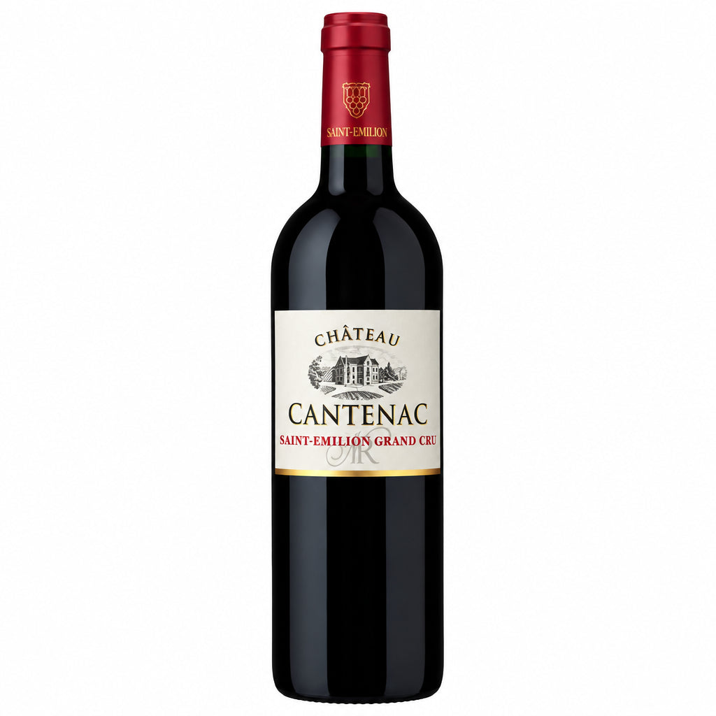 Bottle of Chateau Cantenac Saint Emilion Grand Cru wine with label visible, showcasing elegant packaging and classic design.