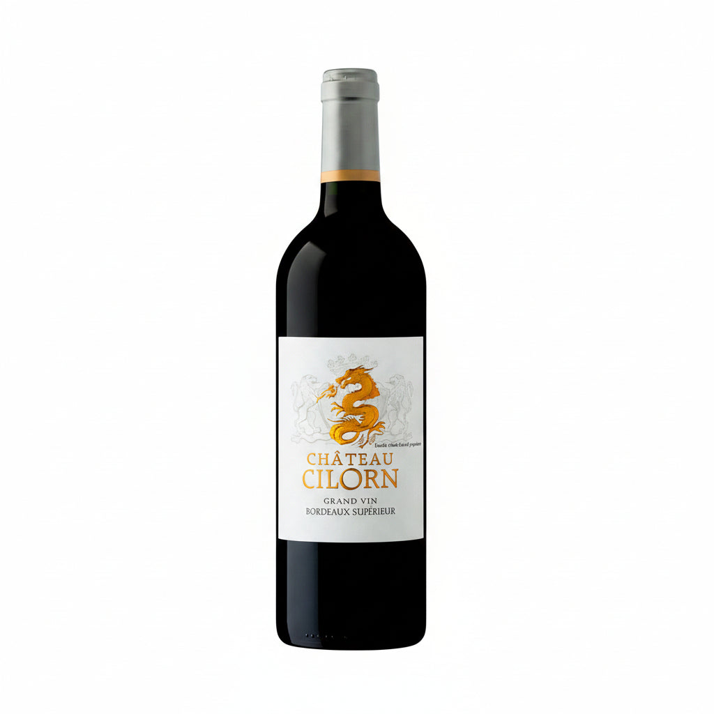 Chateau Cilorn Grand Vin Bordeaux Supérieur wine bottle with label and cork, showcasing rich red wine in the glass.