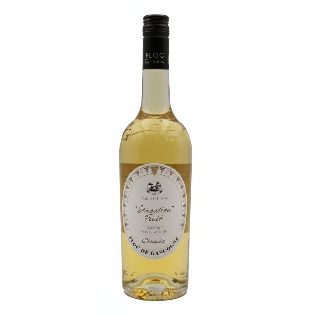 Chiroulet Floc de Gascogne in a glass, showcasing its clear, pale golden color with a traditional Gascogne aperitif appearance.