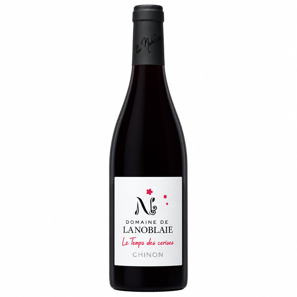 Domaine de la Noblaie Le Temps des Cerises Chinon Rouge wine bottle with label and cork, on a wooden surface.