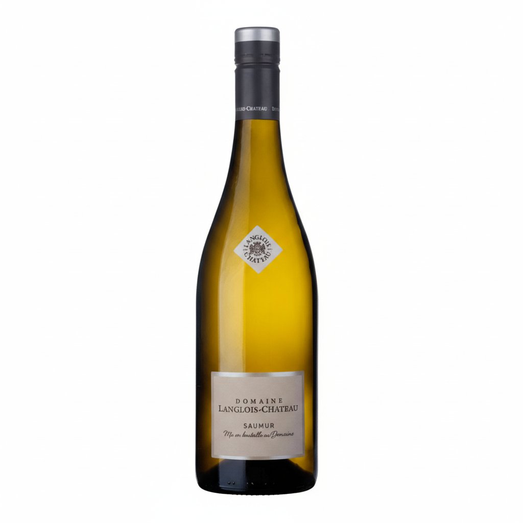 Bottle of Langlois-Chateau Saumur sparkling wine with a clear glass showing the golden liquid and elegant label.