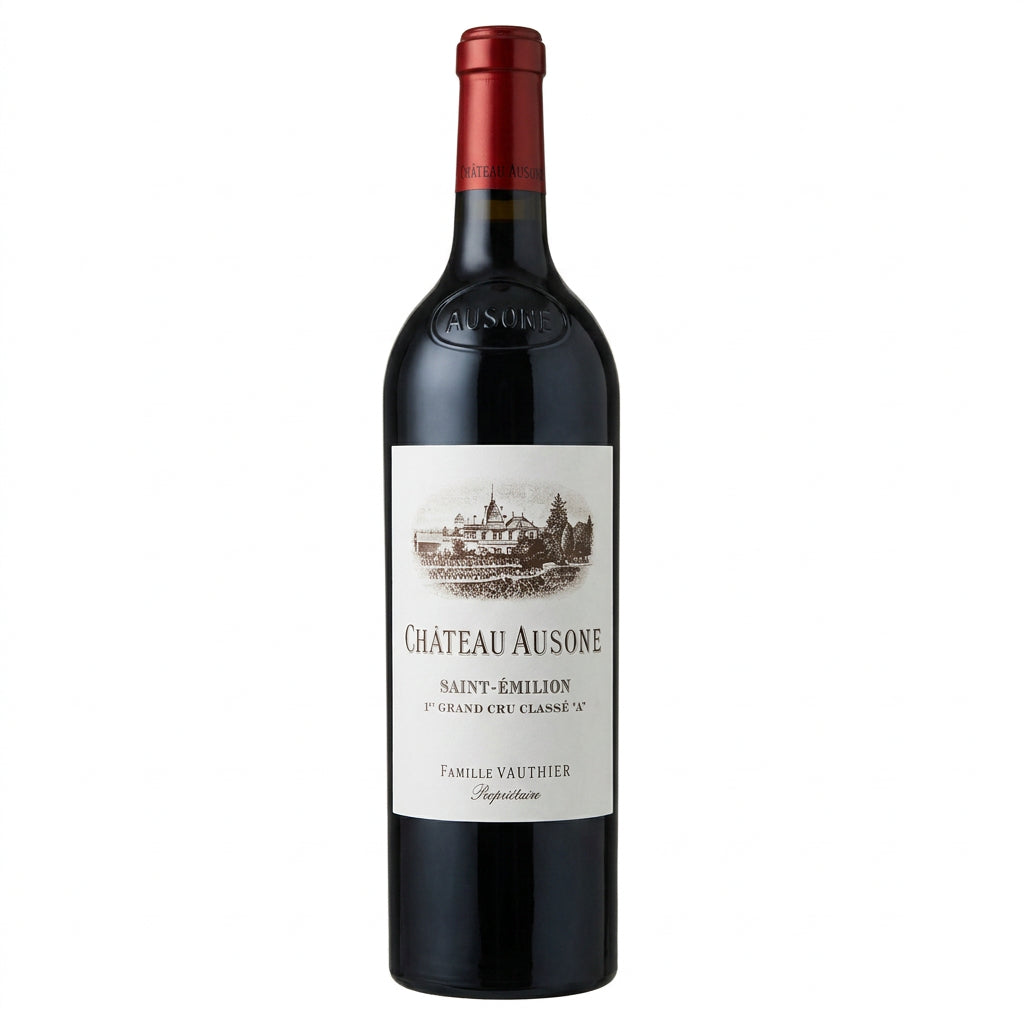 Chateau Ausone wine bottle with classic label, elegant shape, and deep red color, showcasing a premium Bordeaux wine.