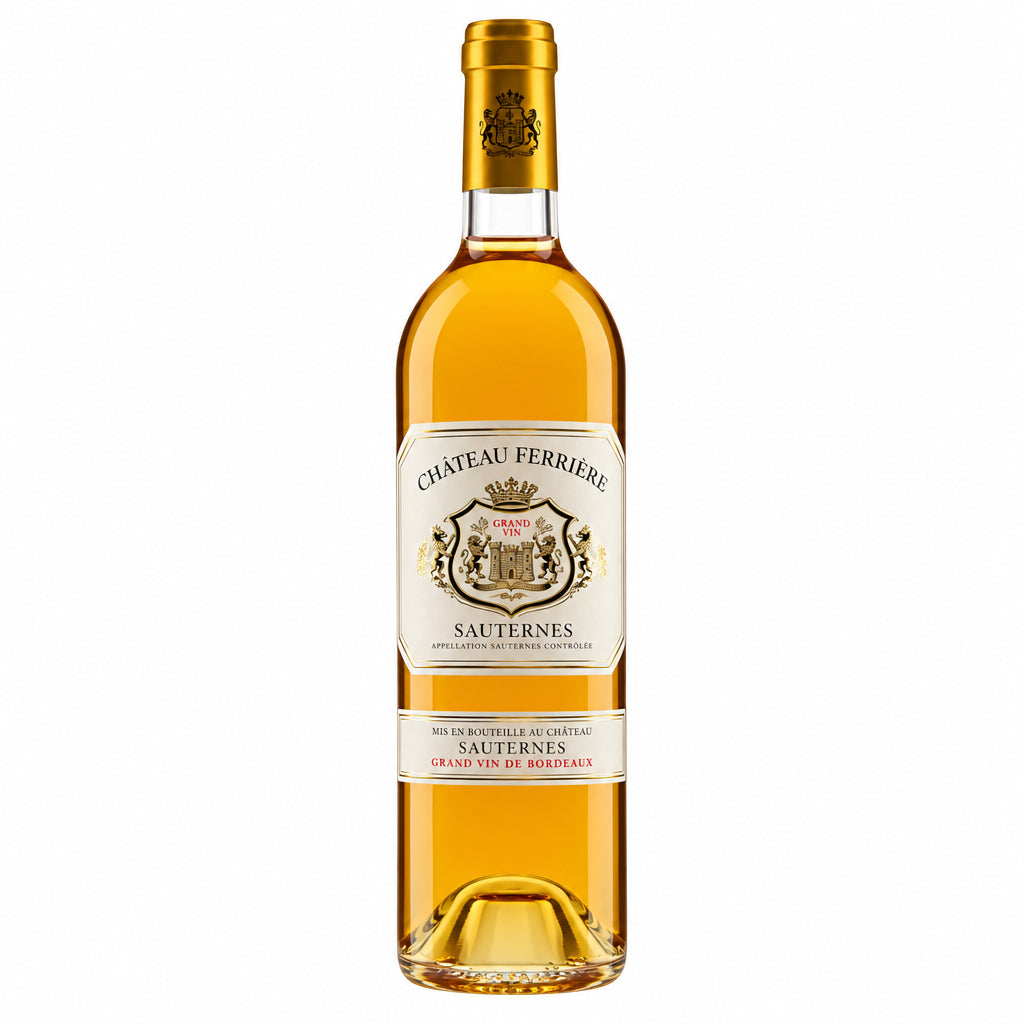 Chateau Doisy Vedrines white wine bottle with gold label and cork, showcasing the elegant bottle design.
